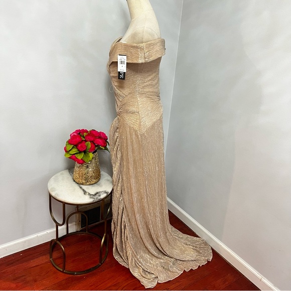 XSCAPE Gold Off Shoulder Short Sleeve Cascading Ruffle Full-Length Formal Gown - Picture 5 of 13